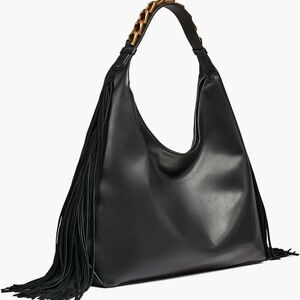 Donna Karan Black Bellmore Leather Hobo Hamdbag Purse Fringe Gold Tone Hardware